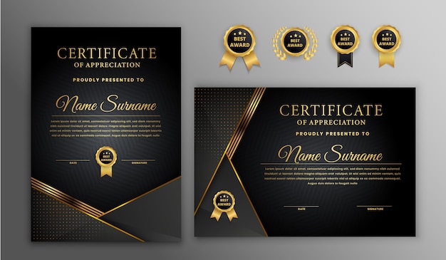 Роскошный золотой и черный полутоновый сертификат с золотым значком и шаблоном границы