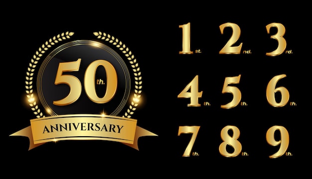 Vettore design di etichette con logo numero anniversario in oro di lusso