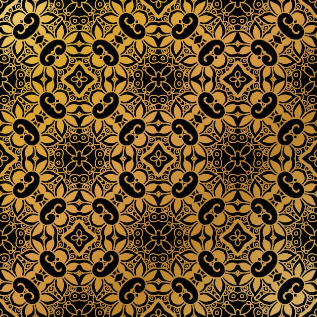 Modello batik di lusso in oro senza cuciture, batik indonesiano è una tecnica di tintura resistente alla cera applicata a tutto il tessuto