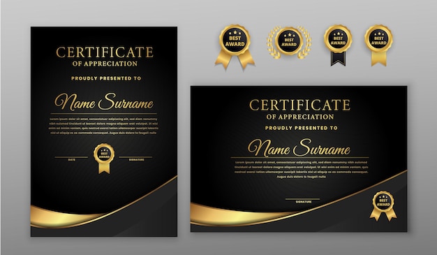 Vector luxury gold and black halftone certificate with gold badge and border template