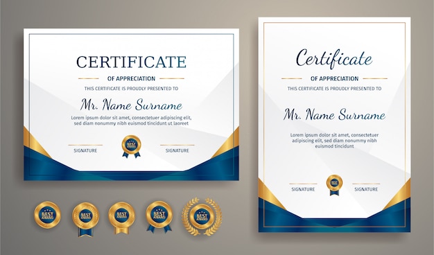 Certificato di lusso in oro e blu con badge oro e modello di bordo