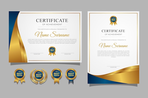 Certificato di lusso in oro e blu con badge in oro e modello di bordo