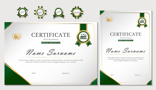 Шаблон дизайна сертификата роскошной золотой зеленой темы в сочетании с набором значков награды