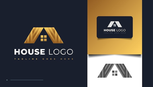 Luxury gold house logo design con stile di carta per l'identità del settore immobiliare. modello di progettazione del logo di costruzione, architettura o edificio