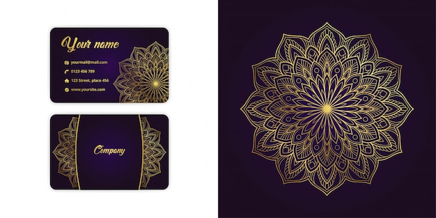 Luxury gold mandala arabesque business card and arabesque background set on elegant purple color