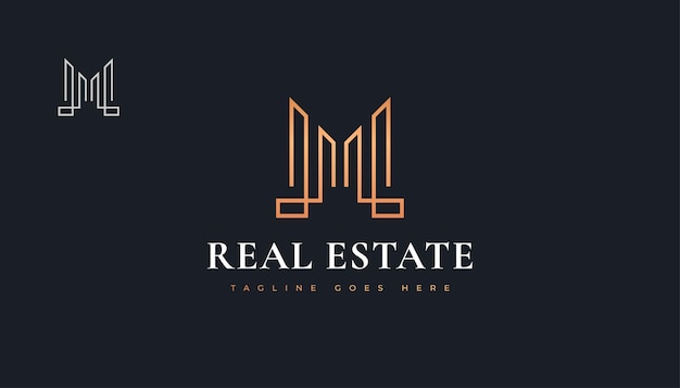 Дизайн логотипа роскошной золотой недвижимости с буквой м. строительство, архитектура или дизайн логотипа здания