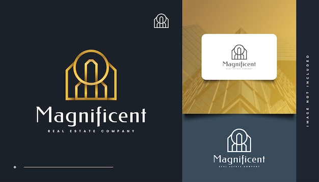 Luxury gold real estate logo design con stile di linea. logo di costruzione, architettura o edificio