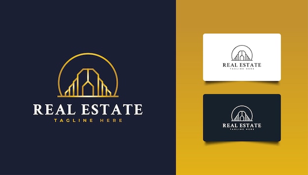 Luxury gold real estate logo design con stile di linea.