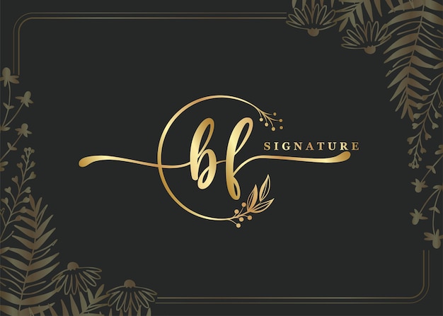 Luxury gold signature initial BF logo design isolated leaf and flower