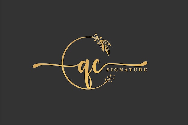 Luxury gold signature initial Q C logo design isolated leaf and flower