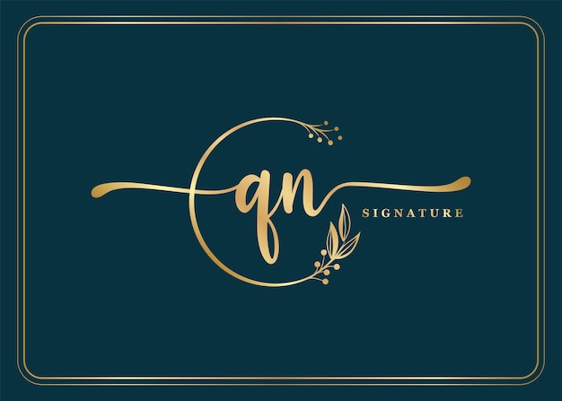 Luxury gold signature initial qn logo design isolated leaf and flower