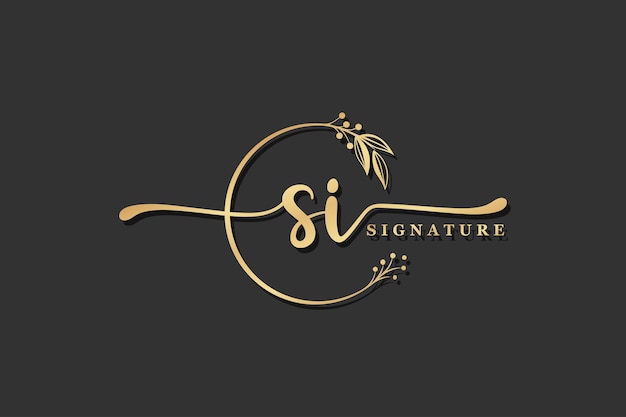 Роскошная золотая подпись начальный дизайн логотипа si изолированный лист и цветок