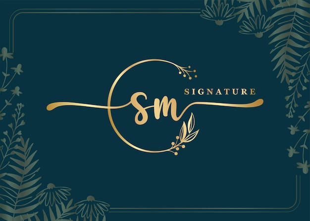 Luxury gold signature initial sm logo design isolated leaf and flower