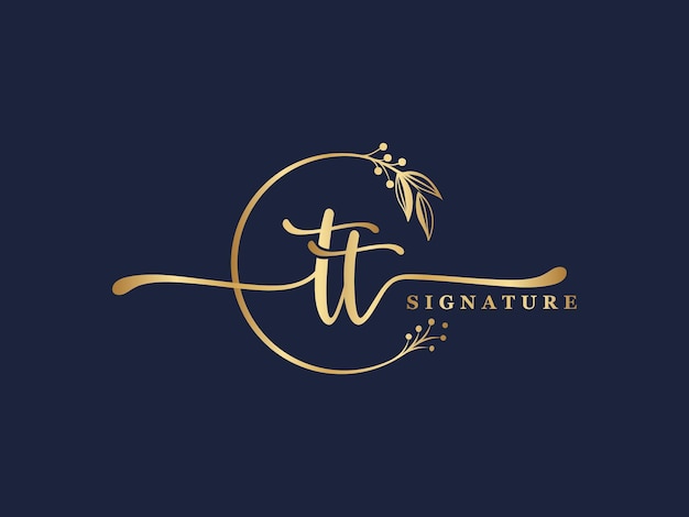 Luxury gold signature initial tt logo design isolated leaf and flower