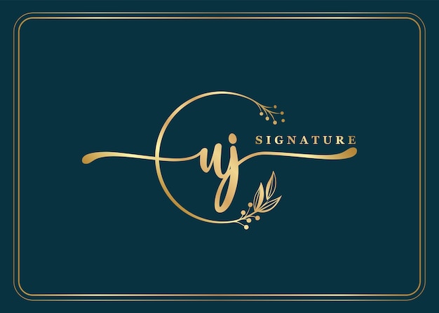 Vettore design del logo uj iniziale con firma in oro di lusso, foglie e fiori isolati