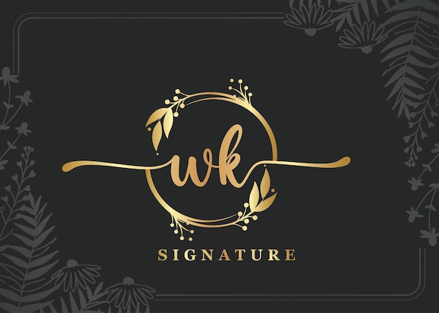 Luxury gold signature initial wk logo design isolated leaf and flower