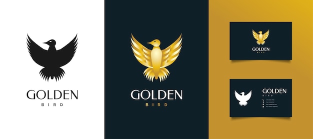 豪華なゴールデンバードのロゴデザイン。ビジネスアイデンティティのための空飛ぶ鳥のイラスト