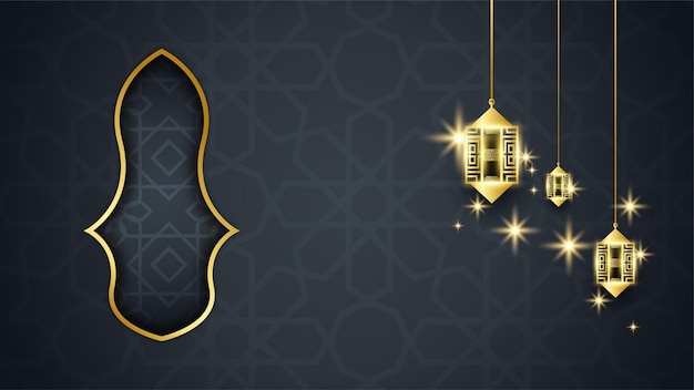 ベクトル 豪華な黄金のランタンアラビア語ブラックゴールドイスラムデザインの背景ランタンムーンイスラムパターンモスクと抽象的な豪華なイスラム要素とユニバーサルラマダンカリームバナーの背景