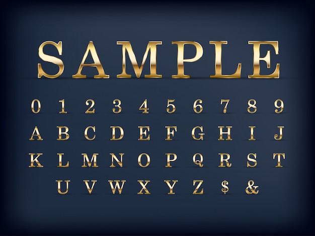 Vettore insieme e numeri moderni dorati di lusso della lettera di alfabeto inglese su colore nero