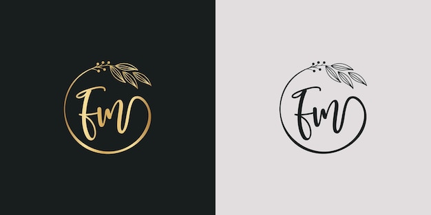 Luxury golden signature letter F and m isolated circle with leaves ahead. vector monogram for cosmetic, restaurant, boutique, hotel , nature logo concept vector