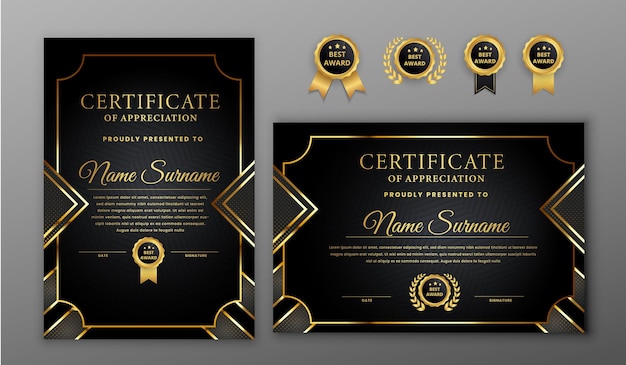 Luxury gradient black and gold achievement certificate with gold badges design template