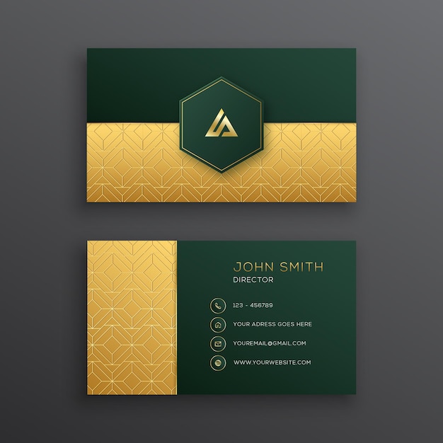 Luxury green business card template with gold geometric pattern