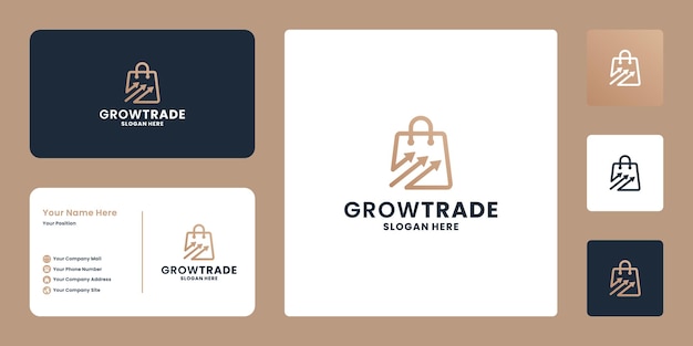 Luxury growth trade, market grow logo design with golden color and business card template