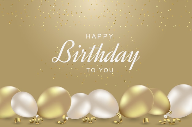 Vector luxury happy birthday background with realistic balloons and ribbon.