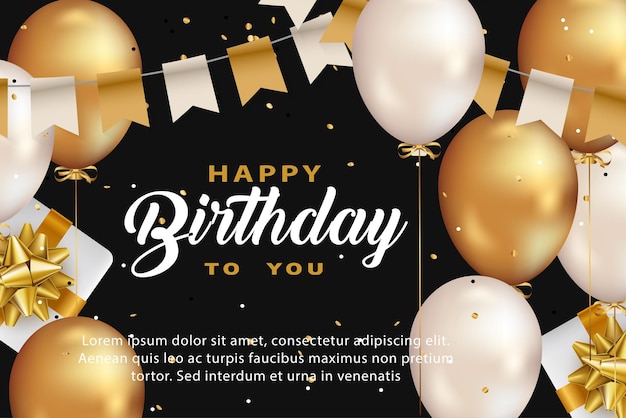 Modello di auguri di buon compleanno di lusso con palloncino, bandiera di compleanno e glitter