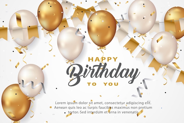 Modello di auguri di buon compleanno di lusso con palloncino, bandiera di compleanno e glitter