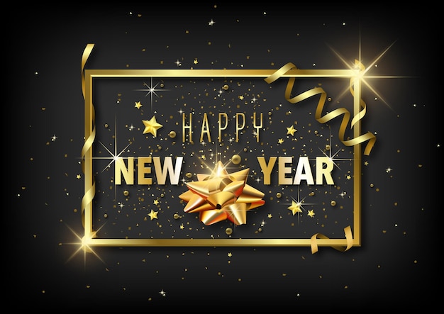 Luxury happy new year greeting card with golden decoration on black