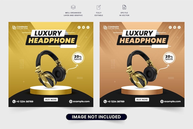 Luxury headphone social media post vector with discount offer section Wireless headphone brand promotion web banner design with golden and dark colors Headphone sale template for marketing