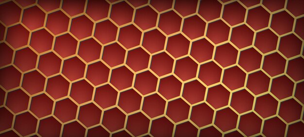 Vector luxury hexagonal abstract red metal background with golden light lines dark 3d geometric texture