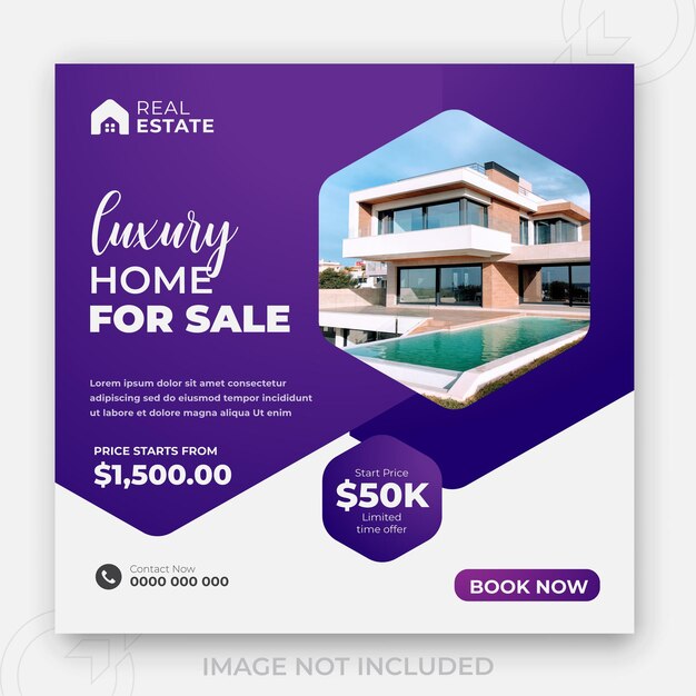 Luxury home for sale services property and 2 color gradient clear background or Digital Building construction social media banner design template