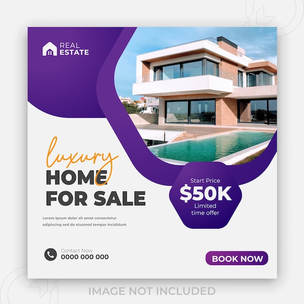 Luxury home for sale services property and 2 color gradient clear background or Professional branding construction social media banner design template