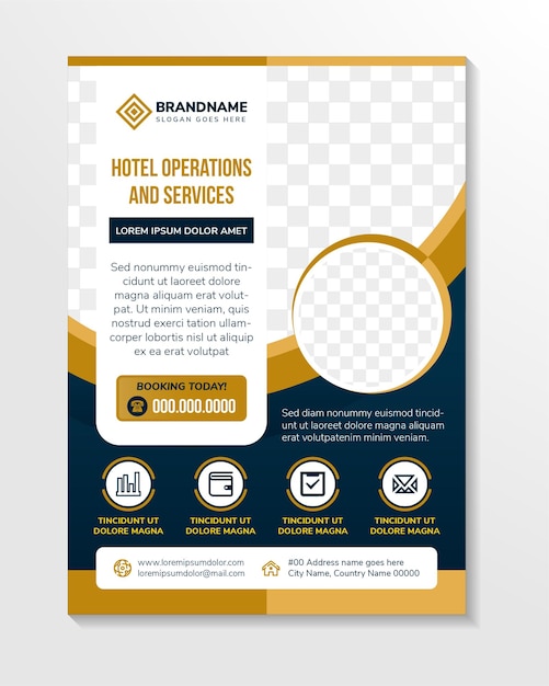 벡터 고급 호텔 운영 및 서비스 기업 비즈니스 전단지 브로셔 크리에이티브 디자인 템플릿
