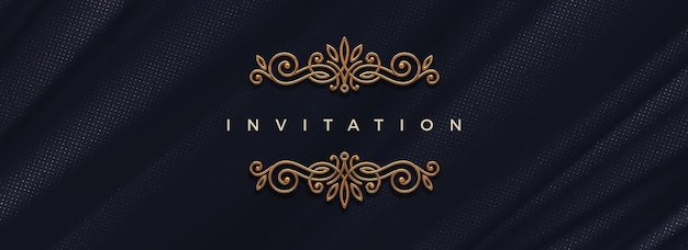 Vector luxury invitation template with gold metal flourishes ornament on background with halftone