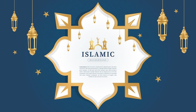 La cornice del modello di ornamento arabo islamico di lusso confina con lo sfondo blu e oro