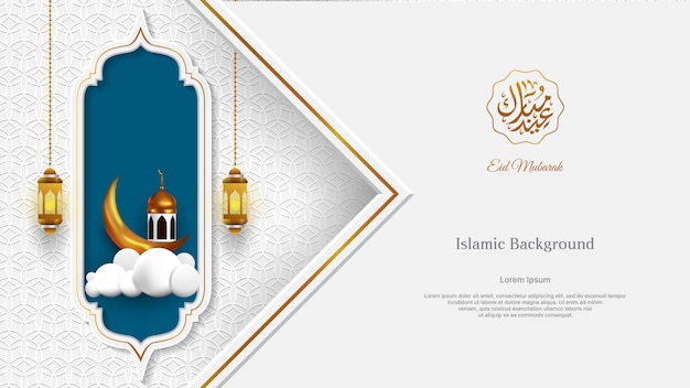 Vettore sfondo islamico di lusso in oro bianco e colore blu per eid mubarak o disegno vettoriale ramadan kareemislamic