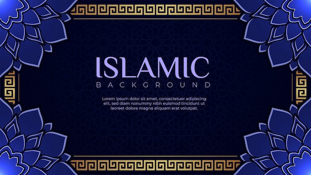 Luxury Islamic greeting card banner with beautiful flowers decoration on dark blue background