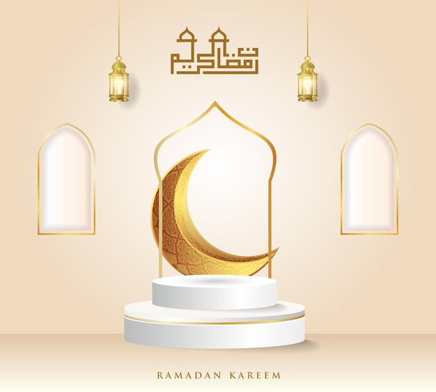 Luxury islamic podium with gold crescent moon and traditional islamic lantern for ramadan or eid