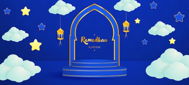 Luxury islamic ramadan kareem background design with blue 3d paper cut style and islamic ornament