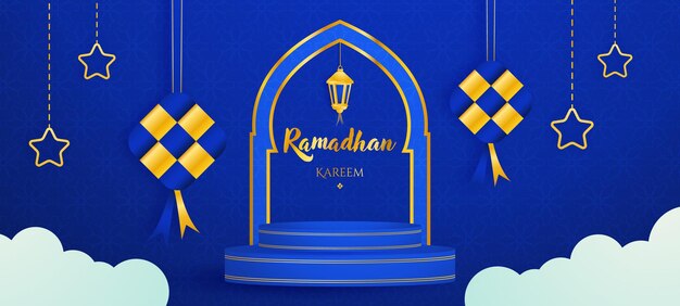 Luxury islamic ramadan kareem background design with blue 3d paper cut style and islamic ornament