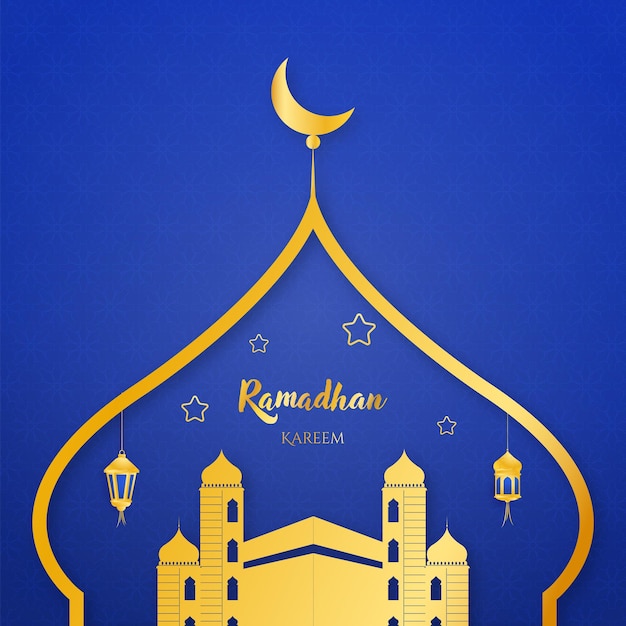 Luxury islamic ramadan kareem background design with blue 3d paper cut style and islamic ornament