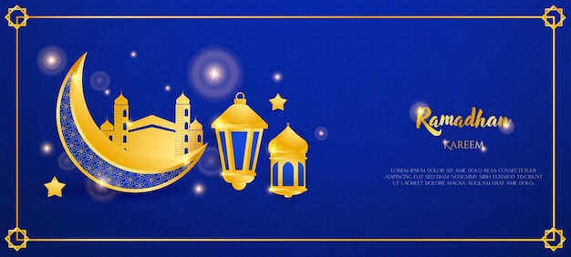 Luxury islamic ramadan kareem background design with blue 3d paper cut style and islamic ornament