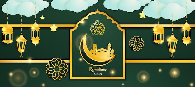 Lusso islamico ramadan kareem design di sfondo con stile taglio carta 3d verde e ornamento islamico