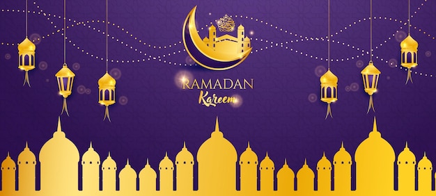 Lusso islamico ramadan kareem sfondo design con carta viola 3d taglio stile e ornamento islamico