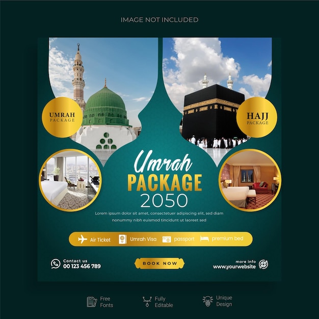 豪華なイスラムのウムラと巡礼のソーシャルメディアの投稿テンプレートデザイン