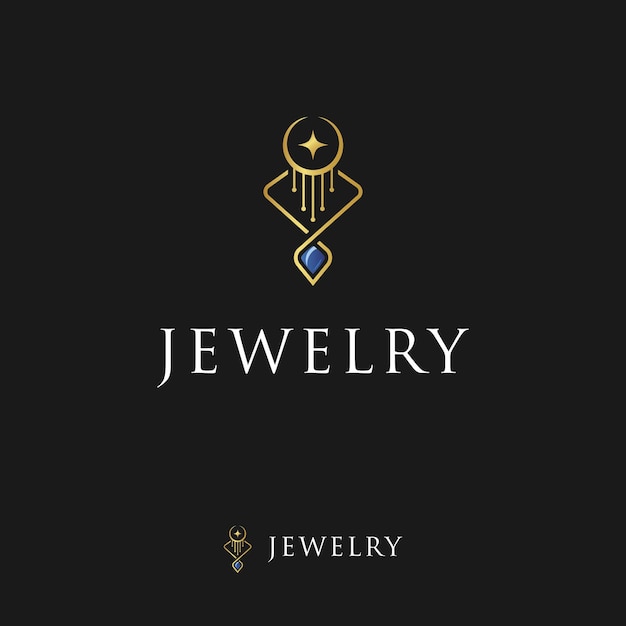 Luxury Jewelry logo, blue sapphire pendant and gold necklace icon logo design