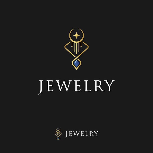 Luxury jewelry logo, blue sapphire pendant and gold necklace icon logo design